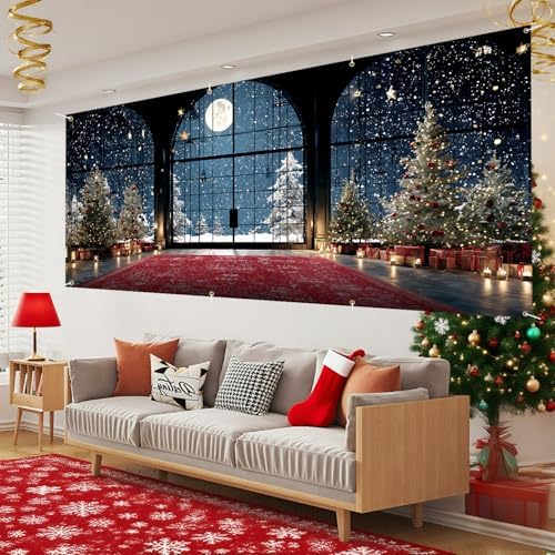 Christmas Night Window Scene Garage Door Banner – Festive Indoor View with Moonlight, Trees & Gifts for Holiday Outdoor Decor - Image 5