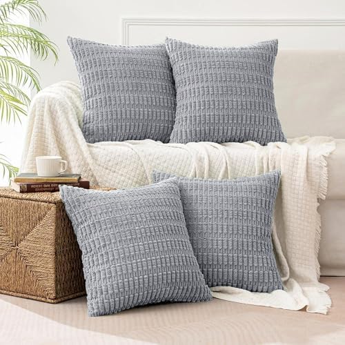 All Smiles Decorative Gray Throw Pillow Covers 22x22 Set of 4 Farmhouse Gray Boho Home Decor Soft Plush Striped Corduroy Square Cushion Case for Living Room Couch Bed Sofa by AllSmiles