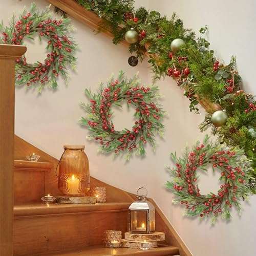 SHACOS Artificial Christmas Wreath 14" Set of 2 Small Winter Wreaths Pine Red Berries Xmas Decoration for Home Window Kitchen Cabinet Door Holiday Wreath, Red Green - Image 7