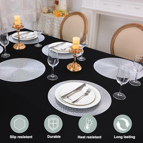 Snowkingdom Silver Round Placemats Set of 8, 15 Inch Metallic Vinyl Round Place Mats, Easy Clean Non Slip Heat Resistant Washable PVC Hollow Dining Table Mats for Wedding Party Christmas Decoration - Image 2