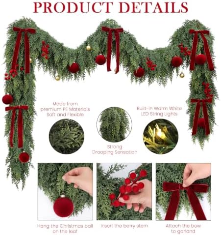 9FT Christmas Garland with Lights Ornaments Realistic Preit Cedar Garland - Image 3
