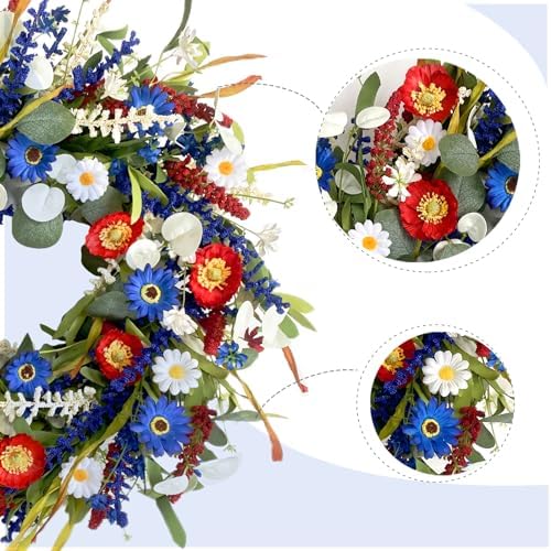 TEMPUS 20 Inch Patriotic Wreath for Front Door - Independence Day Red White Blue Daisy Grass Leaf Wreath, Memorial Day Flag Day Veterans Day Decoration, Spring Summer Outdoor Home Decor - Image 2