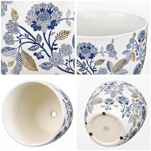Decorative Flower Pots Blue and White Plant Pot Gold Accent Ceramic Planters for Indoor Plants Pots with Drainage Retro Planter Pot for Succulents Cactus Herb Snake Plants Outdoor Garden, 7.6/5.5 Inch - Image 6