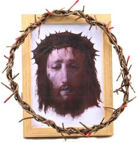 Framed Jesus Veil Image with Crown of Thorns & Veronica’s Veil - Christian Wall Decor for Home Prayer Room, Religious Easter Lent Gifts (Jesus Face) (Natural wood color) by Unknown