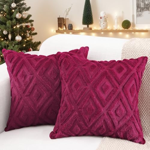 Pallene Fall Burgundy Faux Fur Throw Pillow Covers 24x24 Set of 2 by PALLENE