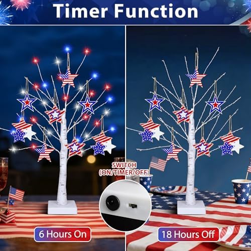 4th of July Decorations, 2 Pack 24 Inch Fourth of July Decorations Patriotic Tree with 8 Wooden Ornaments, USB/Battery Operated Red White Blue Lights Independence Day July 4th Decorations for Home - Image 3