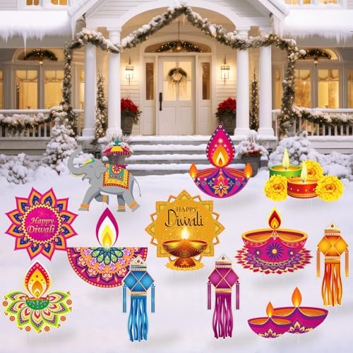 12 Pcs Happy Diwali Yard Sign Lawn Lights Festival Party Signs Decor with 24 Pcs Lawn Stakes Waterproof Happy Diwali Outdoor Decorations for Indian Deepavali Holiday Garden Yard Decor - Image 5