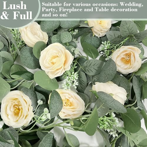 2 Pack Spring Artificial Eucalyptus Flower Garland with Champagne Roses, 13FT Fake Flower Greenery Floral Vines Green Garland for Wedding Arch Table Runner Backdrop Mantle Home Decorations (Champagne) - Image 6