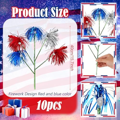 Thiccywoov 10 Pcs 4th of July Decorations Patriotic Firework Picks 15.75 '' Red White and Blue Patriotic Floral Picks 250th Anniversary Firework Stems for Vase Filler Independence Day Home Party Decor - Image 2