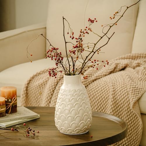 Ceramic Flower Vase, 9.06” Rustic Farmhouse Decorative Vase for Home Decor, Beige Textured Pottery Vase for Pampas Grass, Living Room, Entryway, Mantel, Kitchen Table, Centerpiece - Image 3