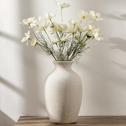 Large Ceramic Rustic Flower Vase, 10.43 Inch Tall Vintage Pottery Home Decor, Antique Farmhouse Terracotta Vase for Living Room, Table, Shelf, Mantel Decoration, Farmhouse - Cream-White by PORCER