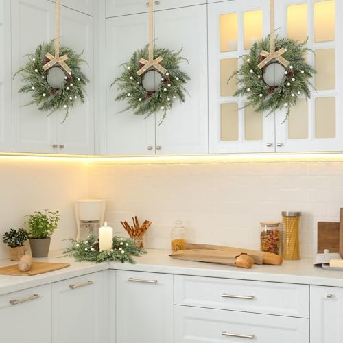 24 PCS Christmas Wreath Christmas Kitchen Cabinet Wreaths with Burlap Ribbon Mini Wreath Pine Garland Frosted Cedar Pine Cone Hanging Garlands Candle Rings for Front Door Window Chair Wall - Image 3