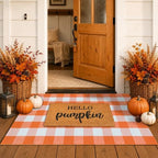 Fall Decor Doormat Combo Set, 100% Coco Coir Welcome Mat + 3' x 5' Orange and White Plaid Rug - Fall Thanksgiving Front Porch Entryway Decor Floor Mat, Indoor Outdoors Autumn Mats Hello Pumpkin by Homydecor