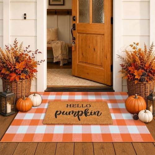Fall Decor Doormat Combo Set, 100% Coco Coir Welcome Mat + 3' x 5' Orange and White Plaid Rug - Fall Thanksgiving Front Porch Entryway Decor Floor Mat, Indoor Outdoors Autumn Mats Hello Pumpkin by Homydecor