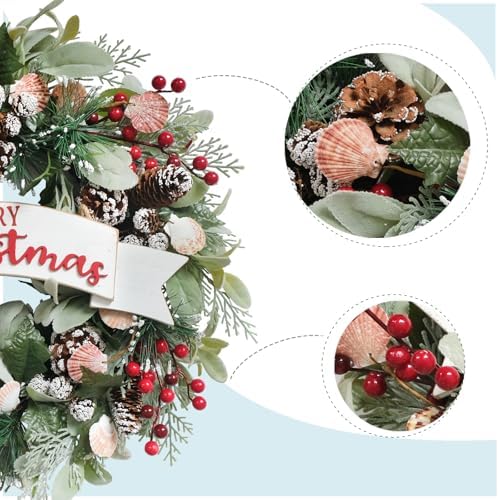 Winter Shells Wreath Christmas Wreath Front Door 22 Inch Artificial Christmas Wreath Decorated with Pine Needles Lamb's Leaves Berries Shells Pine Cones for Indoor Outdoor - Image 2