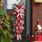 Soomeir 36 Inch Pre-Lit Christmas Teardrop Swag, Winter Holiday Swags Wreaths with Red Velvet Glitter Stripe Ribbon, Artificial Red Berries for Front Door, Wall Window Fireplace Artificial Decor - Image 5