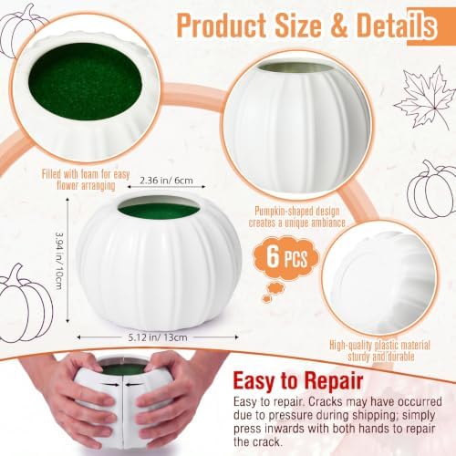White 6 Pack Plastic Pumpkin Vase 5.12 x 3.94 in Artificial Fall Flower Pot with Foam Pumpkin Planter for Artificial Flower Floral Arrangement Home Party Harvest Thanksgiving Autumn Table - Image 2
