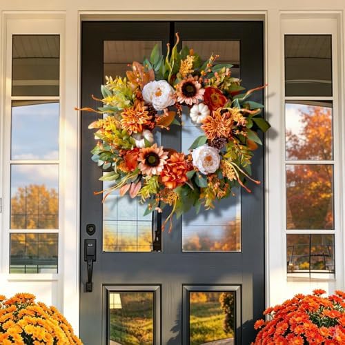 24 Inch Harvest Fall Wreaths for Front Door Outside with Sunflowers,Peony - Image 3