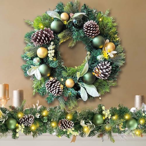 WANNA-CUL Pre-Lit 20 Inch Lighted Christmas Wreath for Front Door Decoration with Green Gold Christmas Ball Ornaments,Battery Operated 30 LED Lights - Image 5
