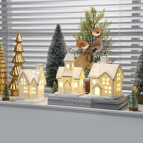 White Christmas Village Houses, Glazed Ceramic Houses with Xmas Trees Set - Image 3