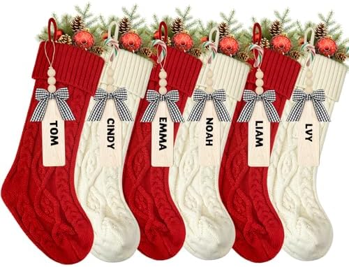 houscly 18 Inches Personalized Christmas Stockings: 6 Pack Red Ivory Knit Christmas Stockings Set with Name Tags Christmas Decor Neutral Xmas Decorations Holiday Farmhouse Indoor Rustic Home Decor by houscly