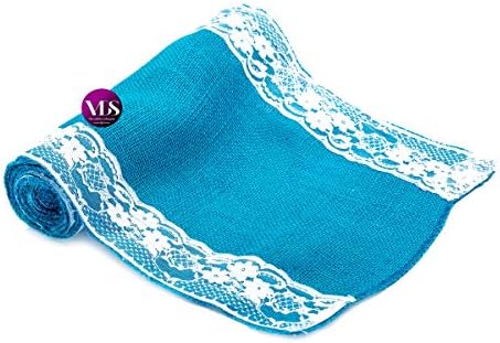 VDS Pack of 12, Burlap Table Runner with White Lace Edge, 100% Natural Jute Rustic Hessian Table Cloth Centerpiece for Wedding Birthday Party Banquet Table Decoration (Size 12X108 Inch)(Teal) - Image 3