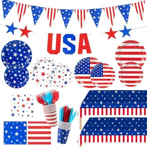 147Pcs 4th of July Paper Plates and Napkins Party Supplies,Serves 24 by Unknown