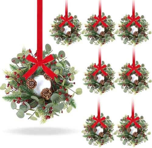 8 PCS Christmas Mini Cabinet Wreath for Kitchen with Ribbon Artificial Eucalyptus Cedar Hanging Garland with Red Berries Pine Cones for Swag Table Centerpiece Door Window Chair Wall Winter Decor by Unknown