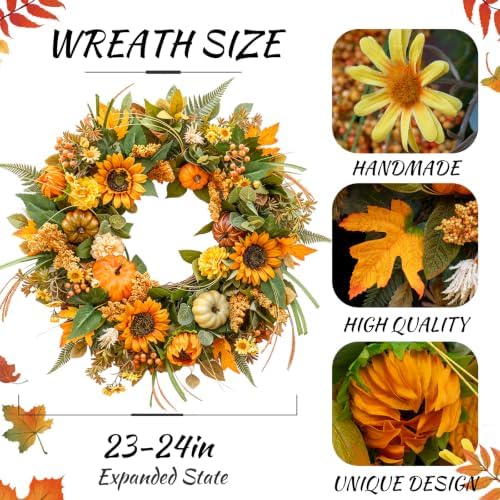 24 Inch Fall Wreaths for Front Door Outside with Sunflowers,Pumpkins,Leaves - Image 2