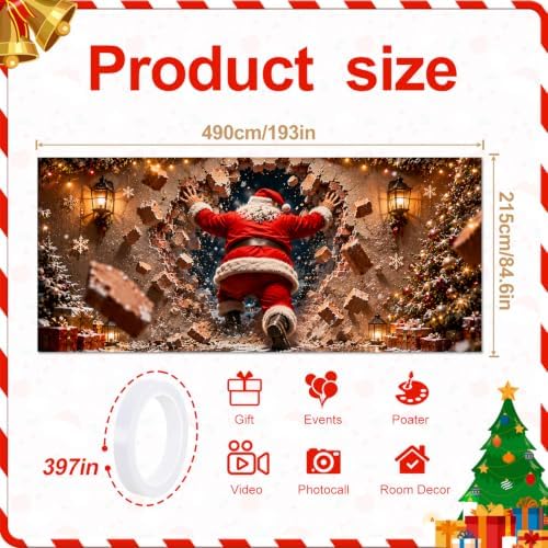 Funny Santa Claus Christmas Garage Door Banner 7x16 FT, Large 2-Car Brick Wall Breaking Through Outdoor Mural Backdrop, Cool Holiday Hanging Peeking Cover Sign Decoration for House Exterior Party - Image 2