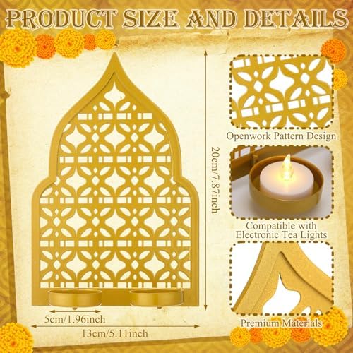 Mumufy 2 Pack Diwali Wall Tealight Candle Holder Gold Iron Jharokha Decor - Image 3
