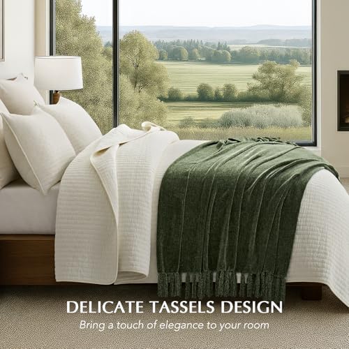 EverGrace Chenille Knit Throw Blanket for Couch, 50"x60", Olive Green - Image 2