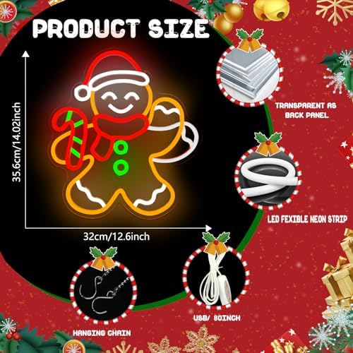Christmas Neon Sign Waving Gingerbread Man Neon Sign for Wall Decor Led Gingerbread Christmas Decorations with Candy Cane Looks Like Waving Xmas Neon Light Up Signs for Window Bedroom Home Party - Image 4