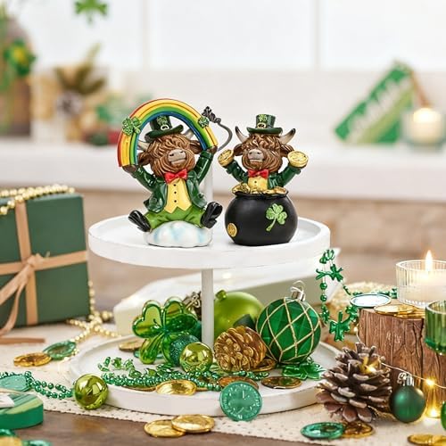 Valery Madelyn St Patricks Day Decorations for Home, 2Pcs Highland Cow Decor with Shamrock Pot of Gold, Irish Resin Leprechaun Figurines St Patricks Day Tiered Tray Decoration Table Centerpiece, 4.5" - Image 2