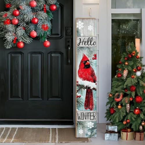 Winter Porch Sign, Christmas Sign for Front Porch, Cardinal Bird Wooden Sign Yard, Vertical Wood Sign Standing for Patio Front Door Porch, Hello Winter Holiday Home Party Entryway Yard Wall Decor Indoor Outdoor, 47x8 inch - Image 4
