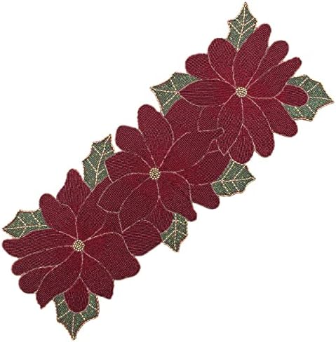 COTTON CRAFT Christmas Beaded Table Runner -13x36 inch Poinsettia Red Green by COTTONCRAFT