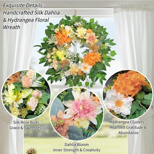 24" Large Wreath for Front Door - Artificial Orange Hydrangea Peony Yellow Dahlia Wreath - Summer Floral Farmhouse Porch Decor, Sun-Kissed Welcome Sign for Wall & Window - Image 3