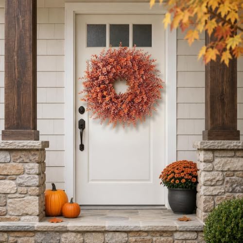 26" Artificial Fall Eucalyptus Wreath for Front Door Decoration (Orange) - Image 4