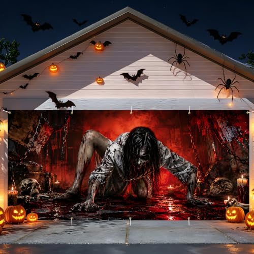 Gothic Horror Ghost Garage Door Banner 7x16ft, Bloody Zombie Girl Crawling Outdoor Decoration, Haunted House Secret Room Chain Double Garage Door Cover Tapestry Mural for House Front Holiday Decor - Image 3