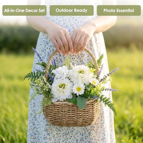 Dahlia Artificial Flowers, Spring/Summer Flower Centerpieces for Tables Silk Flower Arrangements with Woven Basket Fake Dahlia with Daisies & Lavender White Flower Arrangement for Kitchen Dinner Table - Image 3