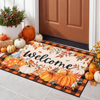 SHACOS Welcome Fall Orange and White Pumpkin Door Mat 32x48 Buffalo Plaid by SHACOS