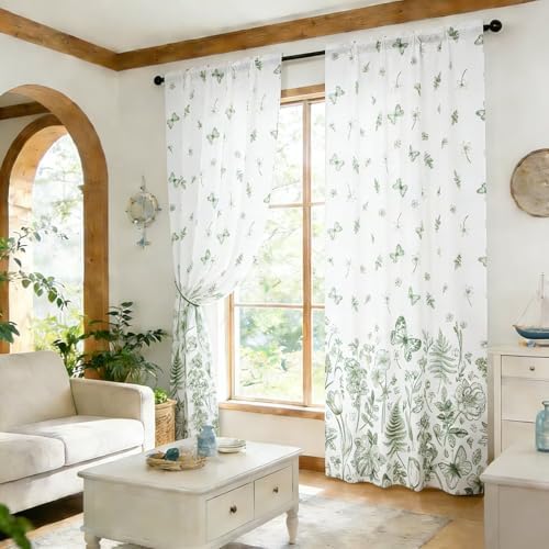 youleyar Floral Printed Curtains 96 Inches Long, 2 Panels Farmhouse Vintage Country Boho Design Curtain for Living Room, Floral and Butterfly Drapes for Bedroom, 52" W x 96" L - Image 3