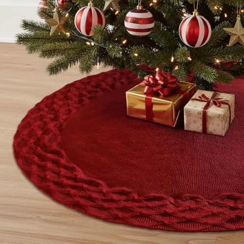 TOCHGREEN Red Knitted Christmas Tree Skirt 48 inches Chunky Knit Tree Skirt - Image 2