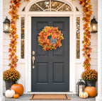 24 Inch Fall Wreath for Front Door with Storage Bag, Autumn Wreaths with Gingham Bow, Orange Maple Leaf, and Berries for Outdoor, Farmhouse Porch Thanksgiving and Harvest Festival Parties - Image 2