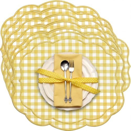 Breling 6 Set Gingham Placemat 17" x 13" Cotton Linen Placemat, Yellow by Breling