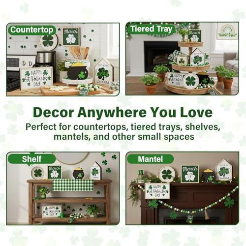 St. Patrick's Day Tiered Tray Decor Set, 0.71 in Extra Thick Freestanding Shamrock Wood Signs with Bead Garland, Lucky Farmhouse Decor for Shelf, Mantel, Countertop - Image 5