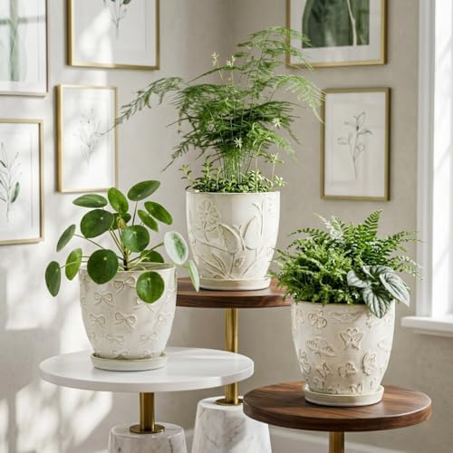 Hollyone Set of 3 White Ceramic Planter 6 Inch Flower Plant Pot with Drainage Hole and Saucer for Plants Embossed Indoor Outdoor Garden Embossed Ceramic Glazed Round Pot for Succulent Orchid - Image 6