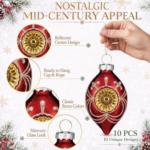 Soulchen 10 Pcs Vintage Glass Christmas Ornaments, Glitter, Retro - Image 4