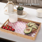 Rectangle Rattan Tray with Mother of Pearl Inlay, Rattan Serving Tray with Handle for Coffee, Bread, Fruits, Decorative Wicker Tray for Table Decor (Rectangle Pink Checkerboard, 13"×9") - Image 5