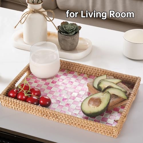 Rectangle Rattan Tray with Mother of Pearl Inlay, Rattan Serving Tray with Handle for Coffee, Bread, Fruits, Decorative Wicker Tray for Table Decor (Rectangle Pink Checkerboard, 13"×9") - Image 5